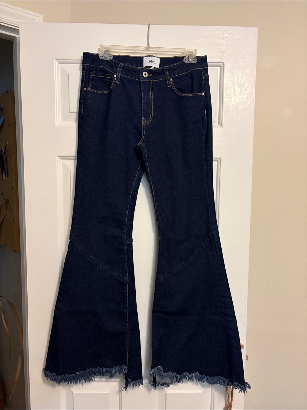 High-Rise Dark Indigo Flare Jeans with Frayed Hem